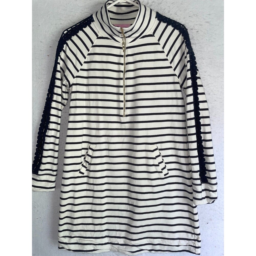 Lilly Pulitzer Dress Women's M Blue White Striped 1/4 Zip Long Sleeved Pockets